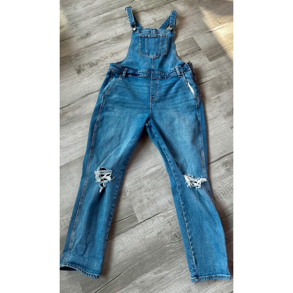 Old Navy Womens Distressed Denim Overalls Medium Wash Straight Leg Size 14